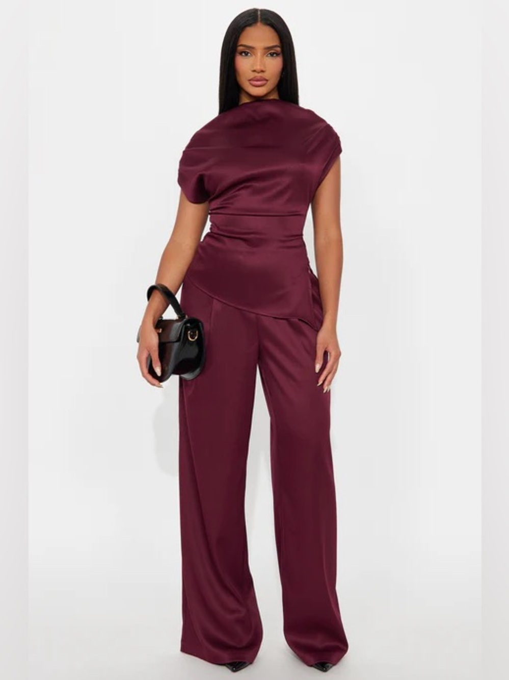 Sleek Burgundy Satin Jumpsuit with Draped Bodice